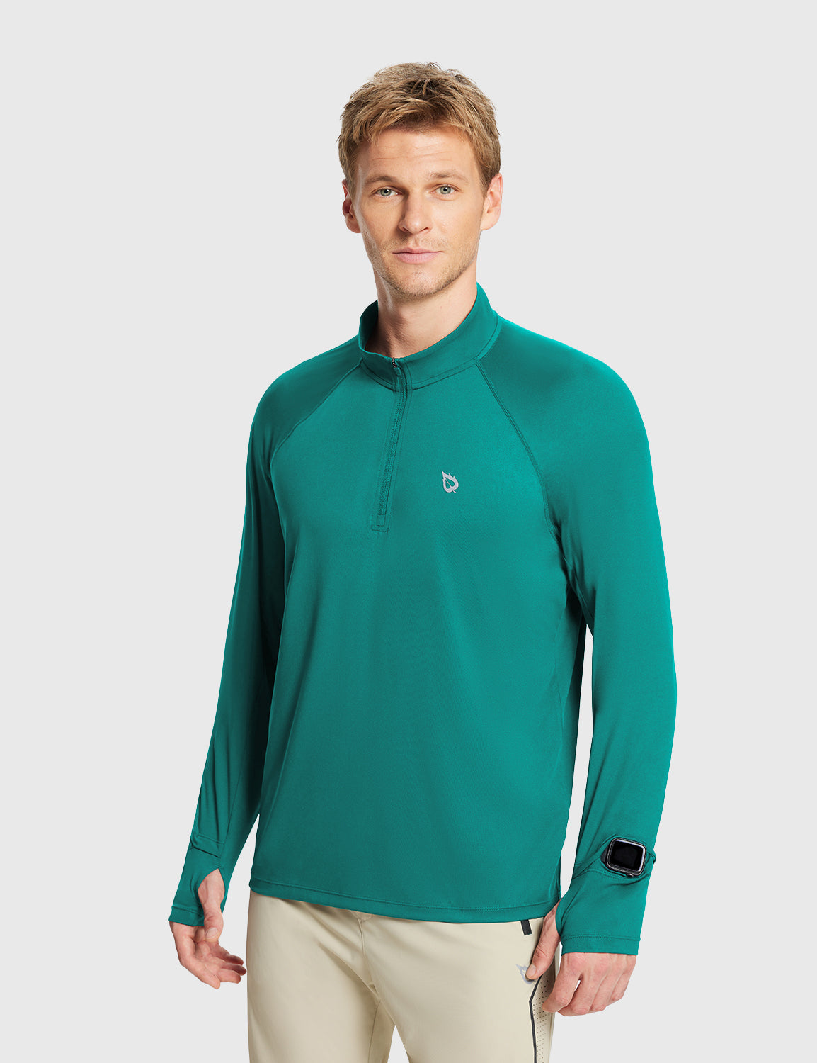 Baleaf Men's UPF50+ Lightweight Half-Zip Lapel Long Sleeve Teal Green Side