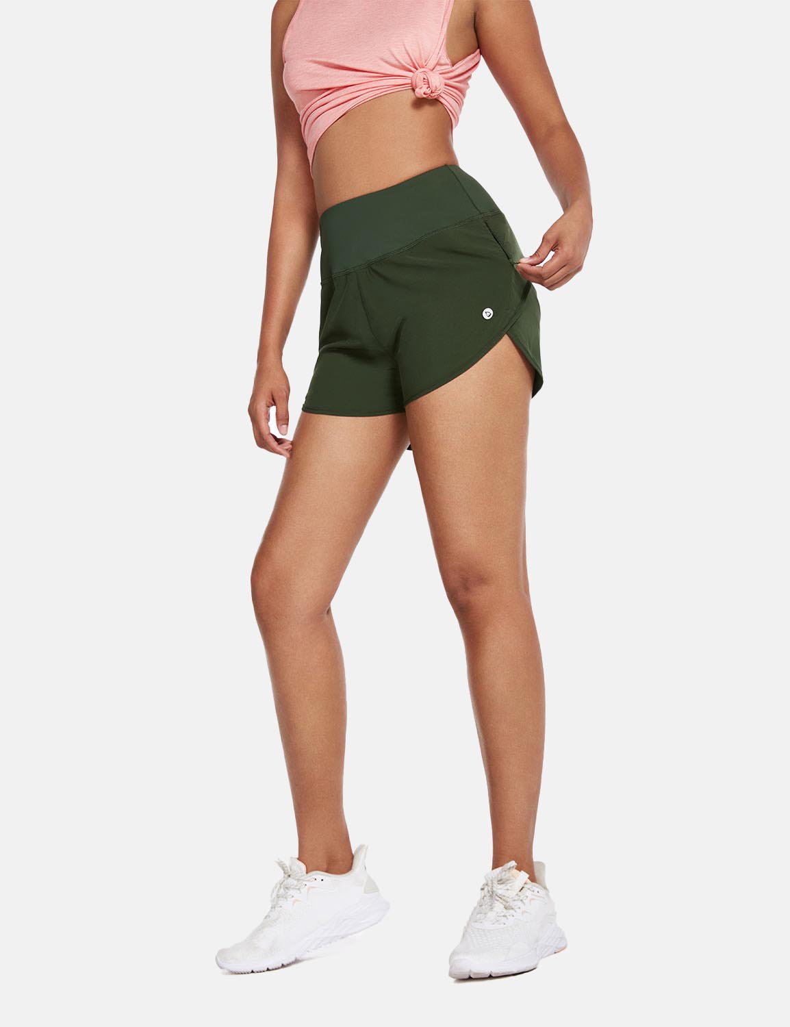 Baleaf Women's 2.5'' Quick-Dry Liner Zipper Pocketed Athletic Shorts cbh023 Kombu Green Side