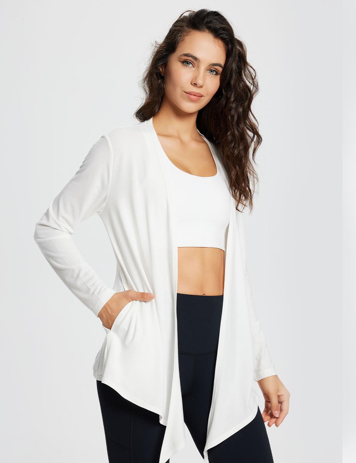 Baleaf Women's Evergreen Lightweight Drape Cardigan dbh076 White Side